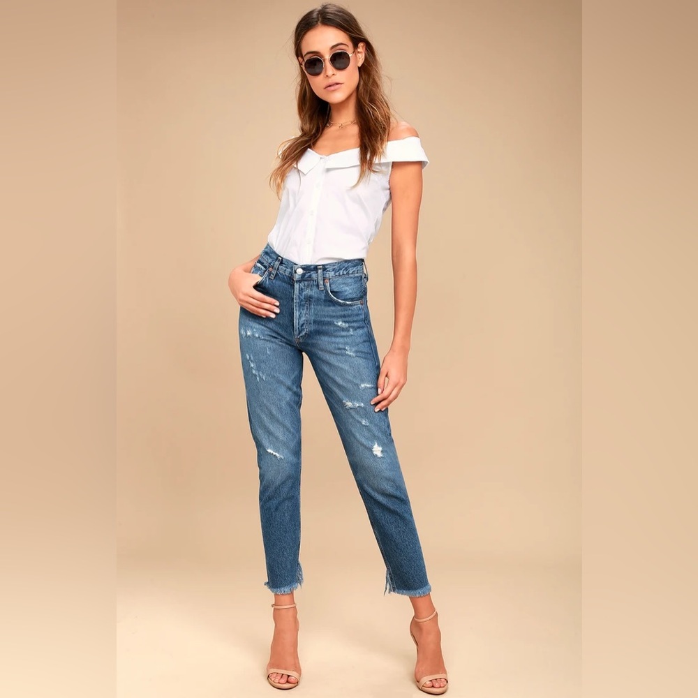 AGOLDE Jamie High Rise Medium Wash Distressed Cropped Jeans (Size 27)